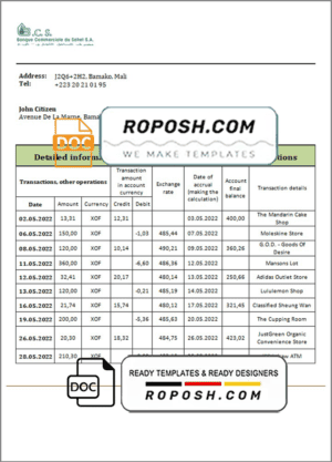 Mali Banque Commerciale du Sahel bank statement template in Word and PDF format, .doc and .pdf format