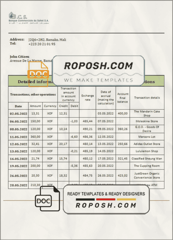 Mali Banque Commerciale du Sahel bank statement template in Word and PDF format, .doc and .pdf format