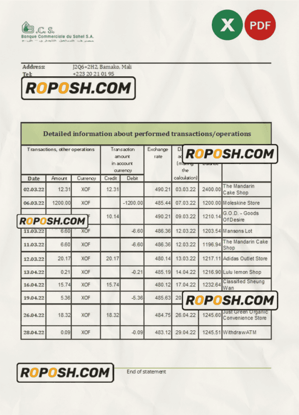 Mali Banque Commerciale du Sahel bank statement Excel and PDF template