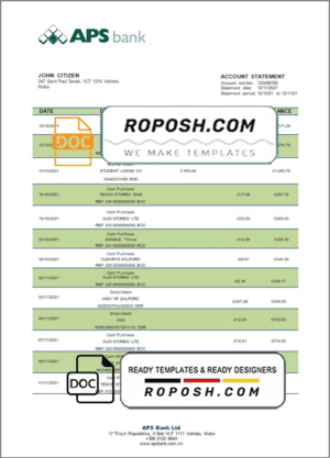 Malta APS bank statement template in Word and PDF format