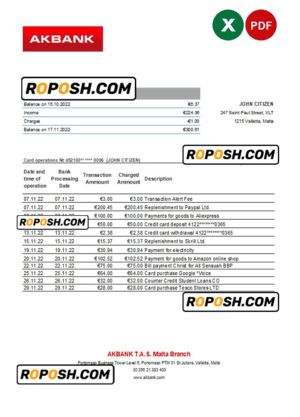 Malta Akbank bank statement Excel and PDF template