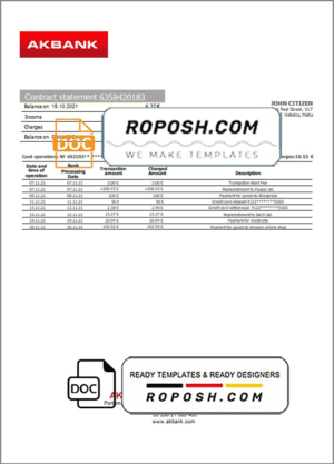 Malta Akbank bank statement template in Word and PDF format