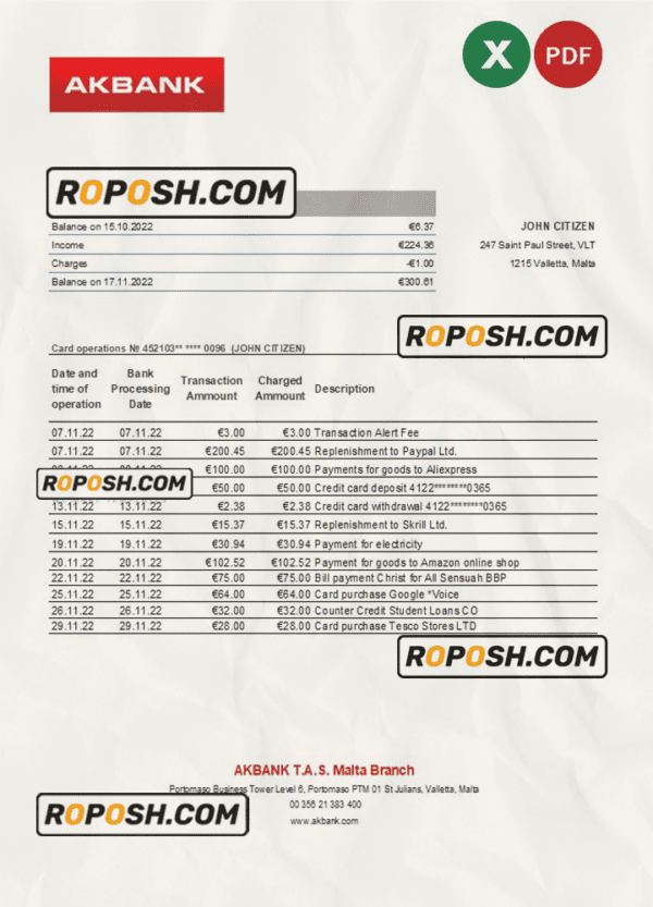 Malta Akbank bank statement Excel and PDF template