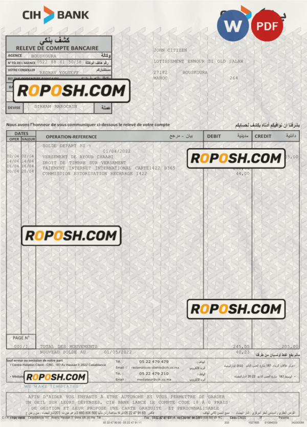 Morocco CIH bank statement Word and PDF template scan effect