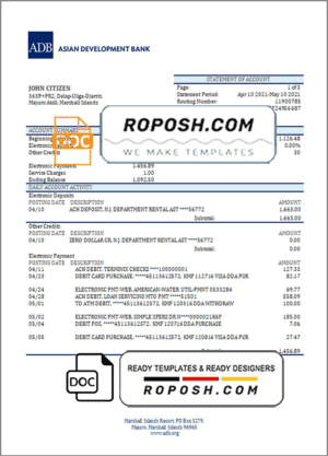 Marshall Islands ADB bank statement template in Word and PDF format