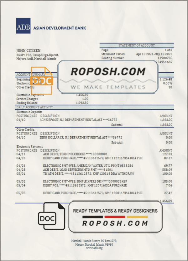 Marshall Islands ADB bank statement template in Word and PDF format