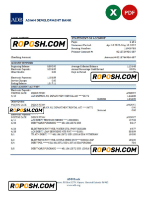 Marshall Islands ADB bank statement Excel and PDF template