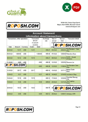 Marshall Islands Bank of Guam bank statement Excel and PDF template