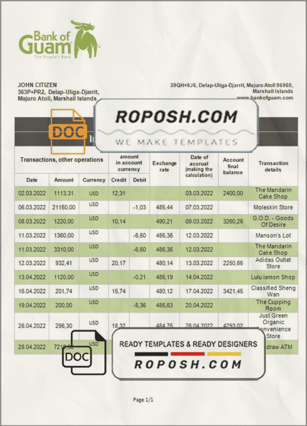 Marshall Islands Bank of Guam bank statement template in Word and PDF format