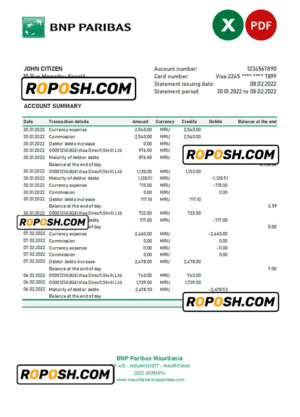 Mauritania BNP Paribas bank statement Excel and PDF template