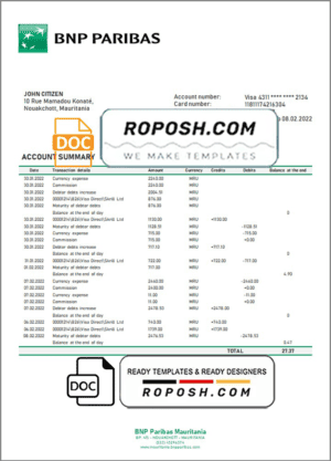 Mauritania BNP Paribas bank statement template in Word and PDF format