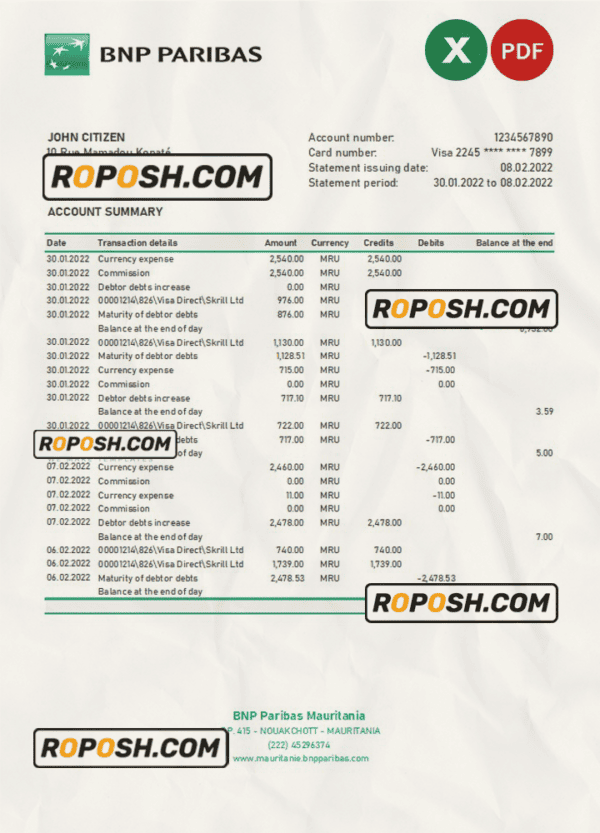 Mauritania BNP Paribas bank statement Excel and PDF template
