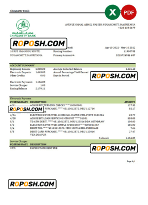 Mauritania Chinguitty bank statement Excel and PDF template