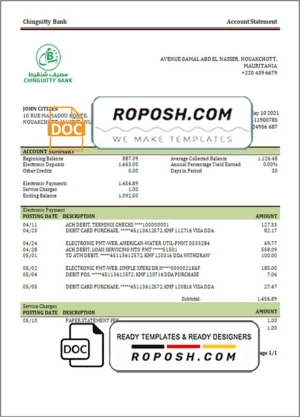 Mauritania Chinguitty bank statement template in Word and PDF format