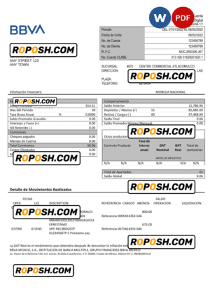 Mexico BBVA bank statement Word and PDF template, fully editable