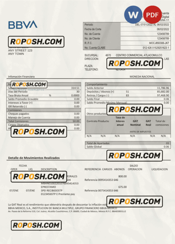 Mexico BBVA bank statement Word and PDF template, fully editable