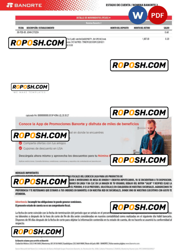 Mexico Banorte bank statement Word and PDF template, version 2