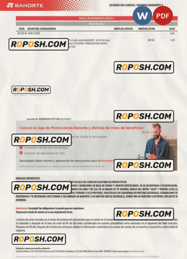 Mexico Banorte bank statement Word and PDF template, version 2