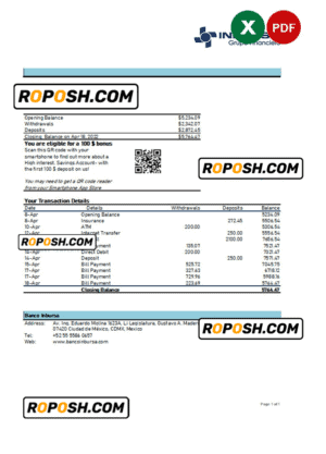 Mexico Inbursa bank statement Excel and PDF template, version 2