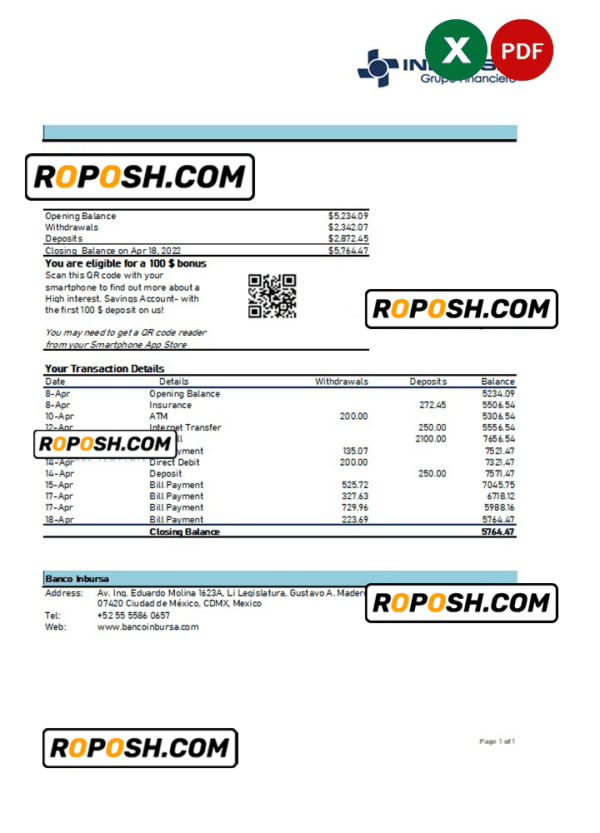 Mexico Inbursa bank statement Excel and PDF template, version 2