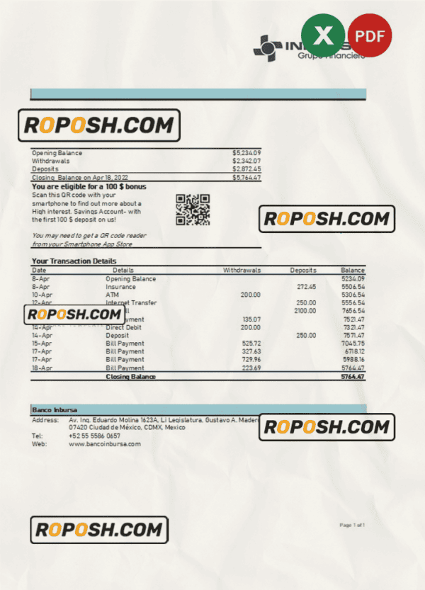 Mexico Inbursa bank statement Excel and PDF template, version 2