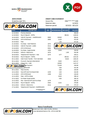 Moldova Banca Transilvania bank statement Excel and PDF template