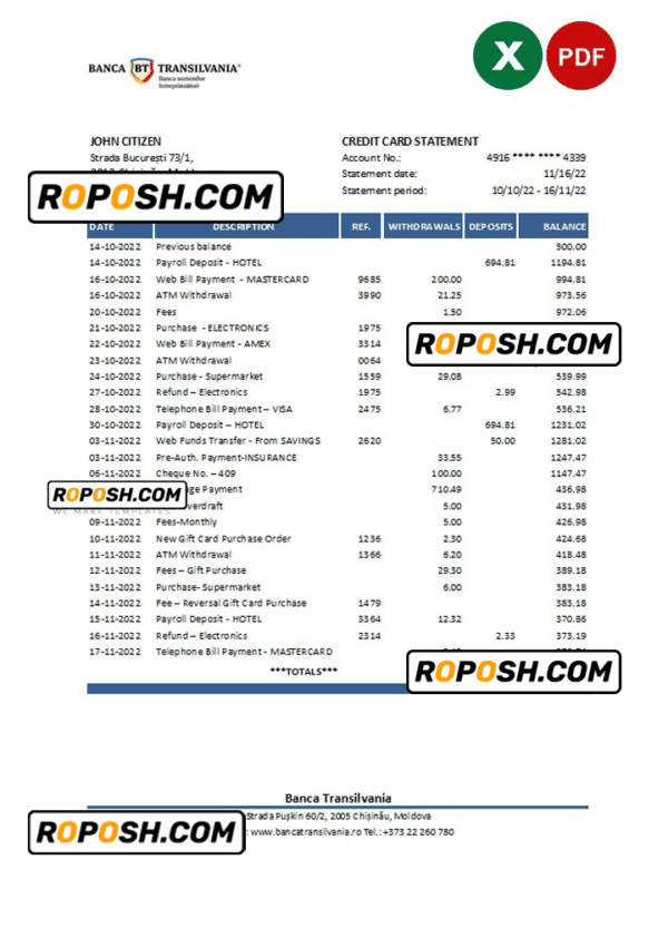 Moldova Banca Transilvania bank statement Excel and PDF template