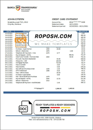 Moldova Banca Transilvania bank statement template in Word and PDF format