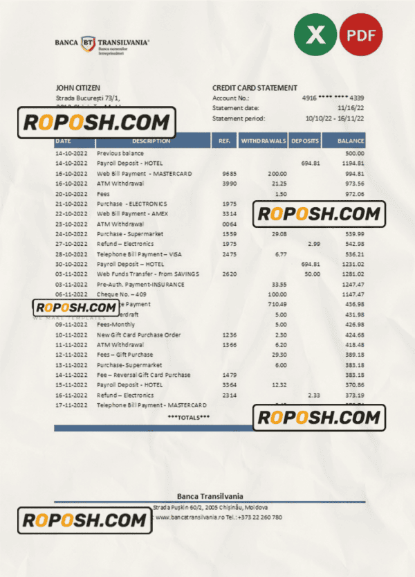 Moldova Banca Transilvania bank statement Excel and PDF template