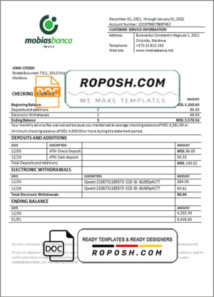Moldova Mobiasbanca bank statement template in Word and PDF format