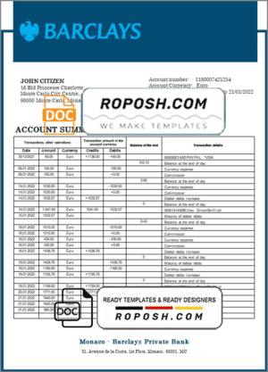 Monaco Barclays Private Bank statement easy to fill template in Word and PDF format