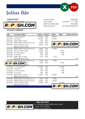 Monaco Julius Bar bank statement Excel and PDF template