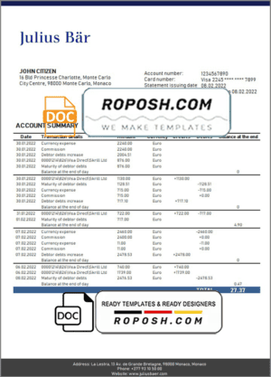 Monaco Julius Bar bank statement easy to fill template in Word and PDF format
