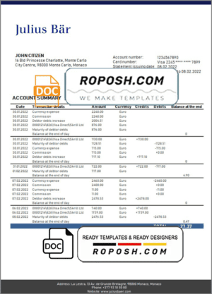 Monaco Julius Bar bank statement easy to fill template in Word and PDF format