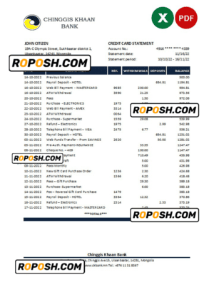 Mongolia Chinggis Khaan bank Excel and PDF template
