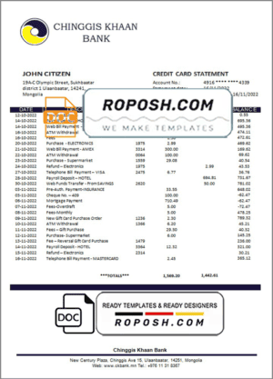 Mongolia Chinggis Khaan bank statement template in Word and PDF format