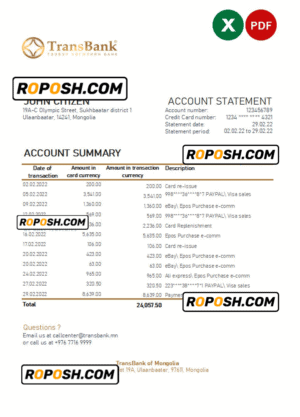 Mongolia Transbank bank statement Excel and PDF template