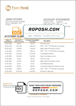 Mongolia Transbank bank statement template in Word and PDF format