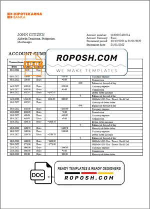 Montenegro Hipotekarna bank statement template, Word and PDF format (.doc and .pdf)