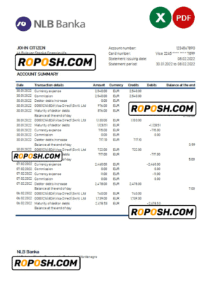 Montenegro NLB bank statement Excel and PDF template