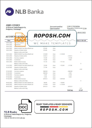 Montenegro NLB bank statement template, Word and PDF format (.doc and .pdf)
