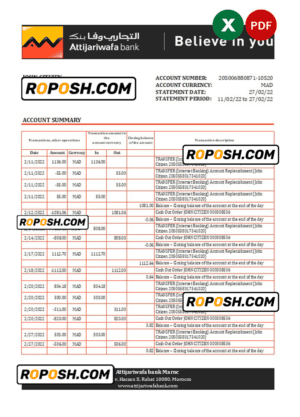 Morocco Attijariwafa bank statement Excel and PDF template