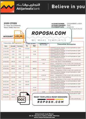 Morocco Attijariwafa bank statement template in Word and PDF format, good for address prove