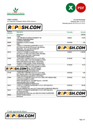 Morocco Credit Agricole bank statement Excel and PDF template