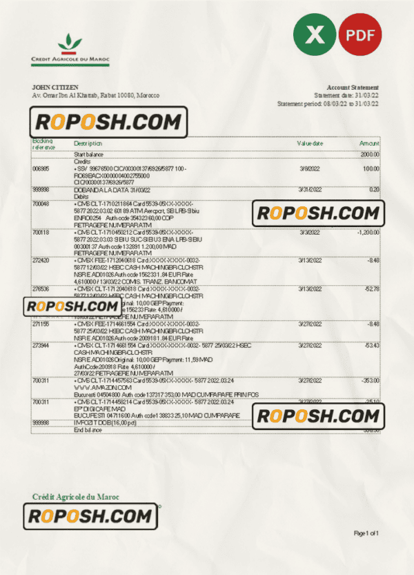 Morocco Credit Agricole bank statement Excel and PDF template
