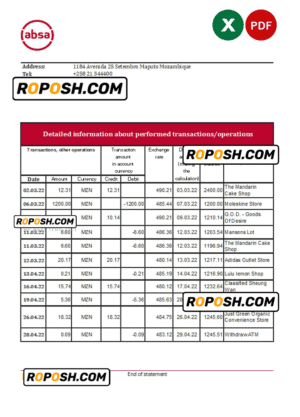 Mozambique ABSA bank statement Excel and PDF template