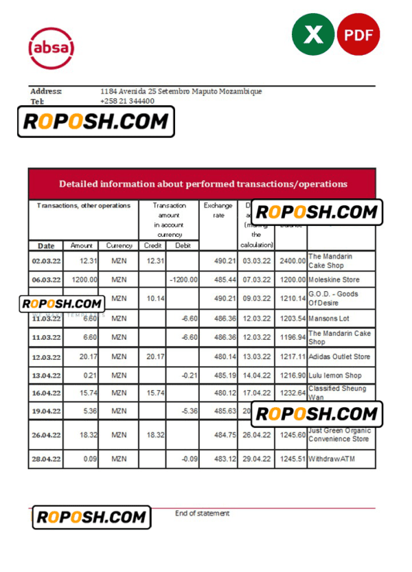 Mozambique ABSA bank statement Excel and PDF template