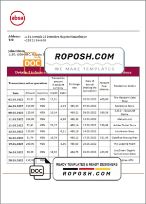 Mozambique ABSA bank statement template in Word and PDF format