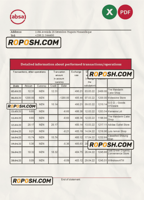Mozambique ABSA bank statement Excel and PDF template