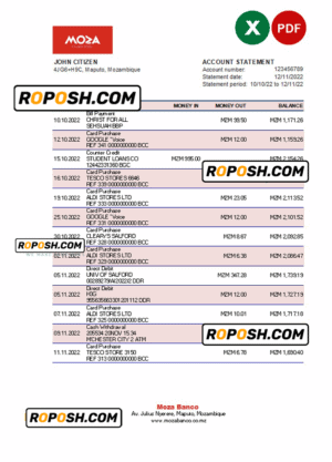 Mozambique Moza bank statement Excel and PDF template